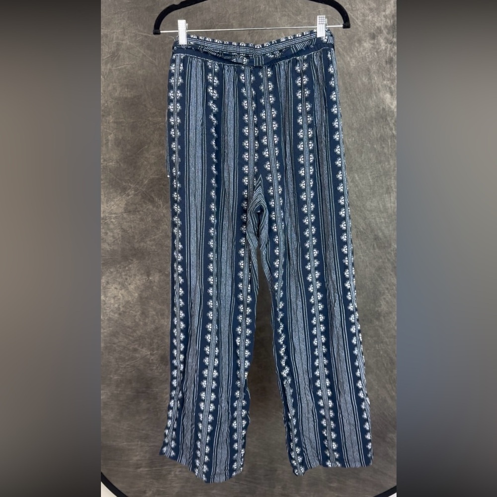 Bebop Blue & White Boho Wide Leg Pants XL | Tie Waist Pockets Rayon Summer - Picture 4 of 6
